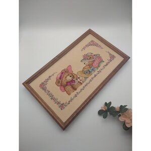 Vintage Finished Cross Stitch Chatter Hat Teddy Bears Wood Framed Wall Decor